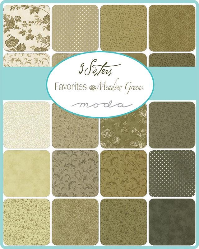 3 Sisters Favorites Vintage Linens Meadow Greens Berry Toss Ditsy in Evergreen for Moda. Continuous cuts of Quilter's Cotton