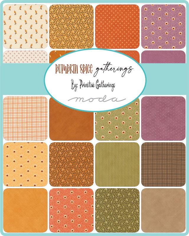 Pumpkin Spice Gatherings Jelly roll by Primitive Gatherings for Moda Quilter's Cotton 40 piece collection of 2.5 inch by 44 inch strips
