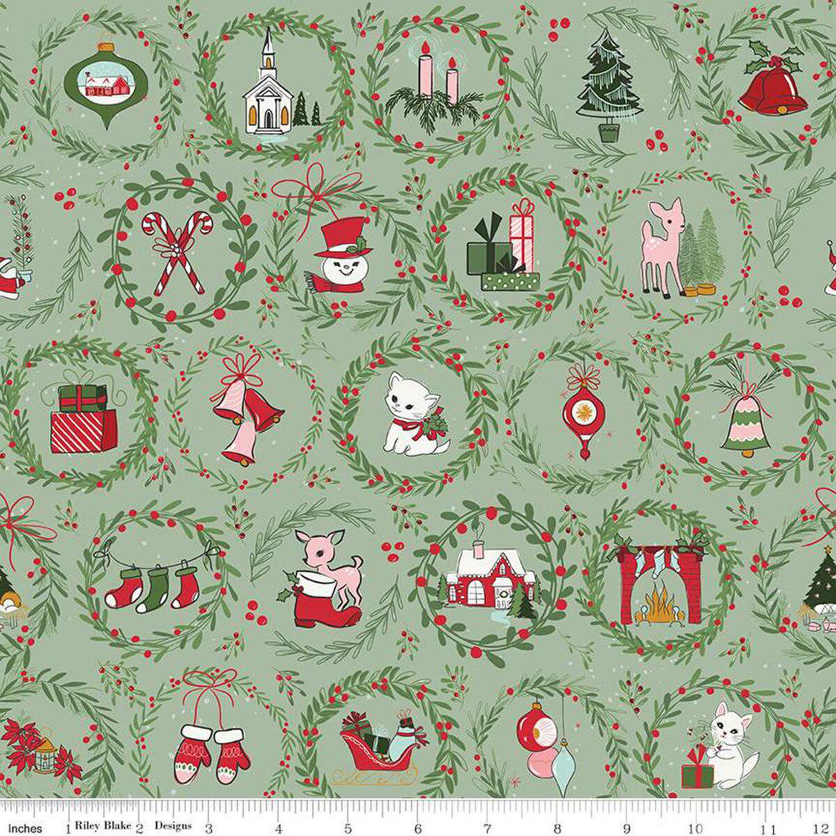 Mistletoe & Holly Wreaths in Sage by Beverly McCullough for Riley Blake Designs. Continuous Cuts of Quilter's Cotton fabric