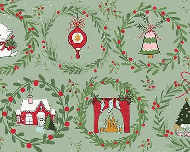 Mistletoe & Holly Wreaths in Sage by Beverly McCullough for Riley Blake Designs. Continuous Cuts of Quilter's Cotton fabric