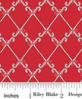 Mistletoe & Holly Candy Canes in Red by Beverly McCullough for Riley Blake Designs. Continuous Cuts of Quilter's Cotton fabric