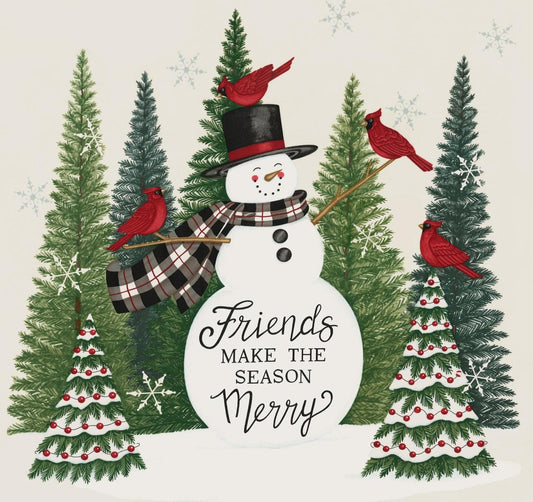 Winter Friends Panel 24" x 44" Snowman Cardinals Christmas Trees Pine in Snowy White by Deb Strain for Moda Quilter's Cotton Fabric Panel