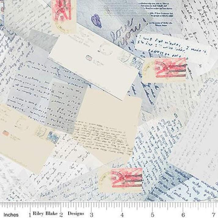 Wide Back Letters From Home in Vintage Blue by Vicki Gifford for Riley Blake Designs. continuous cuts of Quilter's Cotton 108" Fabric