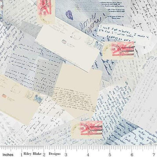 Wide Back Letters From Home in Vintage Blue by Vicki Gifford for Riley Blake Designs. continuous cuts of Quilter's Cotton 108" Fabric