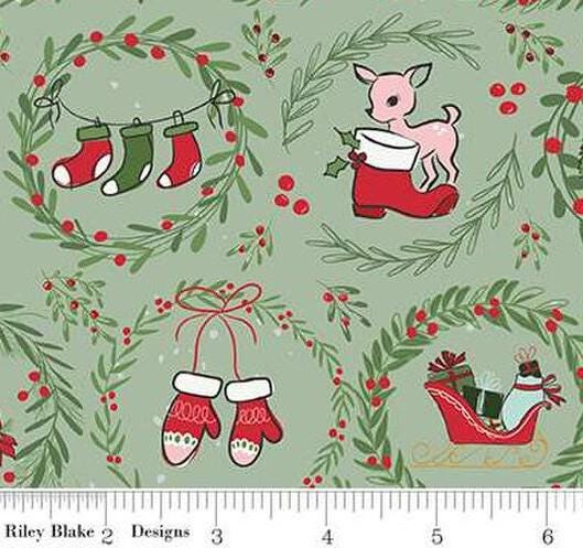 Mistletoe & Holly Wreaths in Sage by Beverly McCullough for Riley Blake Designs. Continuous Cuts of Quilter's Cotton fabric