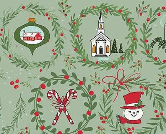 Mistletoe & Holly Wreaths in Sage by Beverly McCullough for Riley Blake Designs. Continuous Cuts of Quilter's Cotton fabric