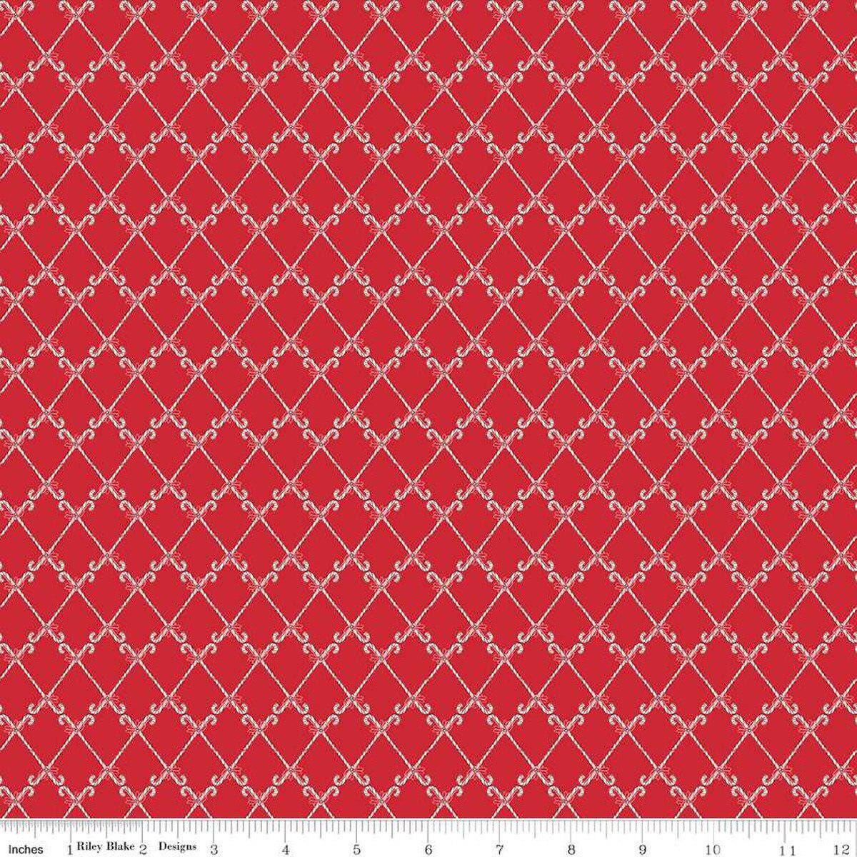 Mistletoe & Holly Candy Canes in Red by Beverly McCullough for Riley Blake Designs. Continuous Cuts of Quilter's Cotton fabric