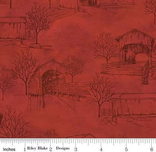 Covered Bridges in Fall Toile in Red by Tara Reed for Riley Blake Designs. Continuous Cuts of Quilter's Cotton fabric.
