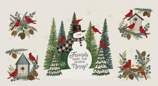 Winter Friends Panel 24" x 44" Snowman Cardinals Christmas Trees Pine in Snowy White by Deb Strain for Moda Quilter's Cotton Fabric Panel