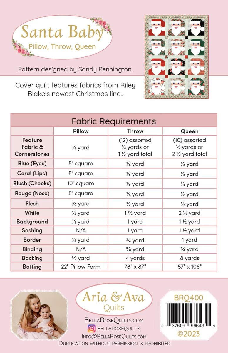 Santa Baby Quilt by Aria & Ava Quilts features pieced Santa heads. Pattern includes 22” x 22” pillow, 70” x 79” lap, and  79” x 98” Queen