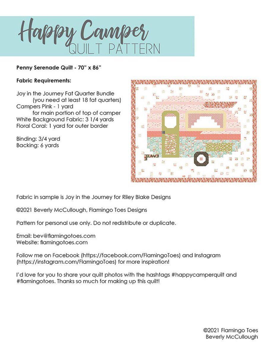Happy Camper pattern by Beverly McCullough of Flamingo Toes .  Directions for 70 x 86 inch quilt featuring charming vintage campers.