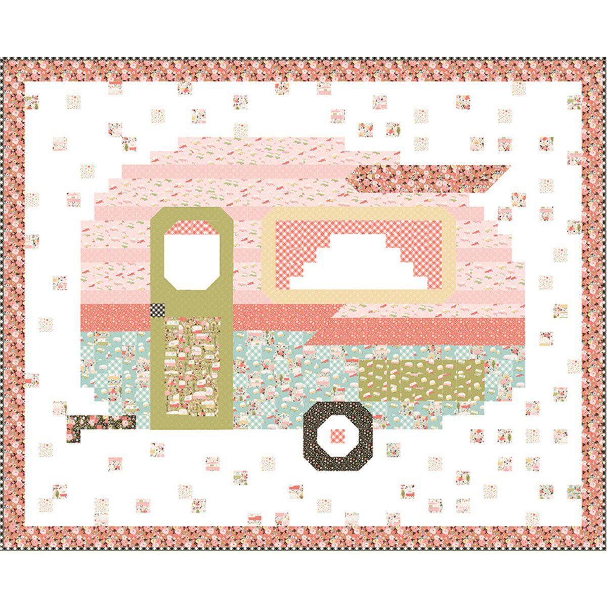 Happy Camper pattern by Beverly McCullough of Flamingo Toes .  Directions for 70 x 86 inch quilt featuring charming vintage campers.