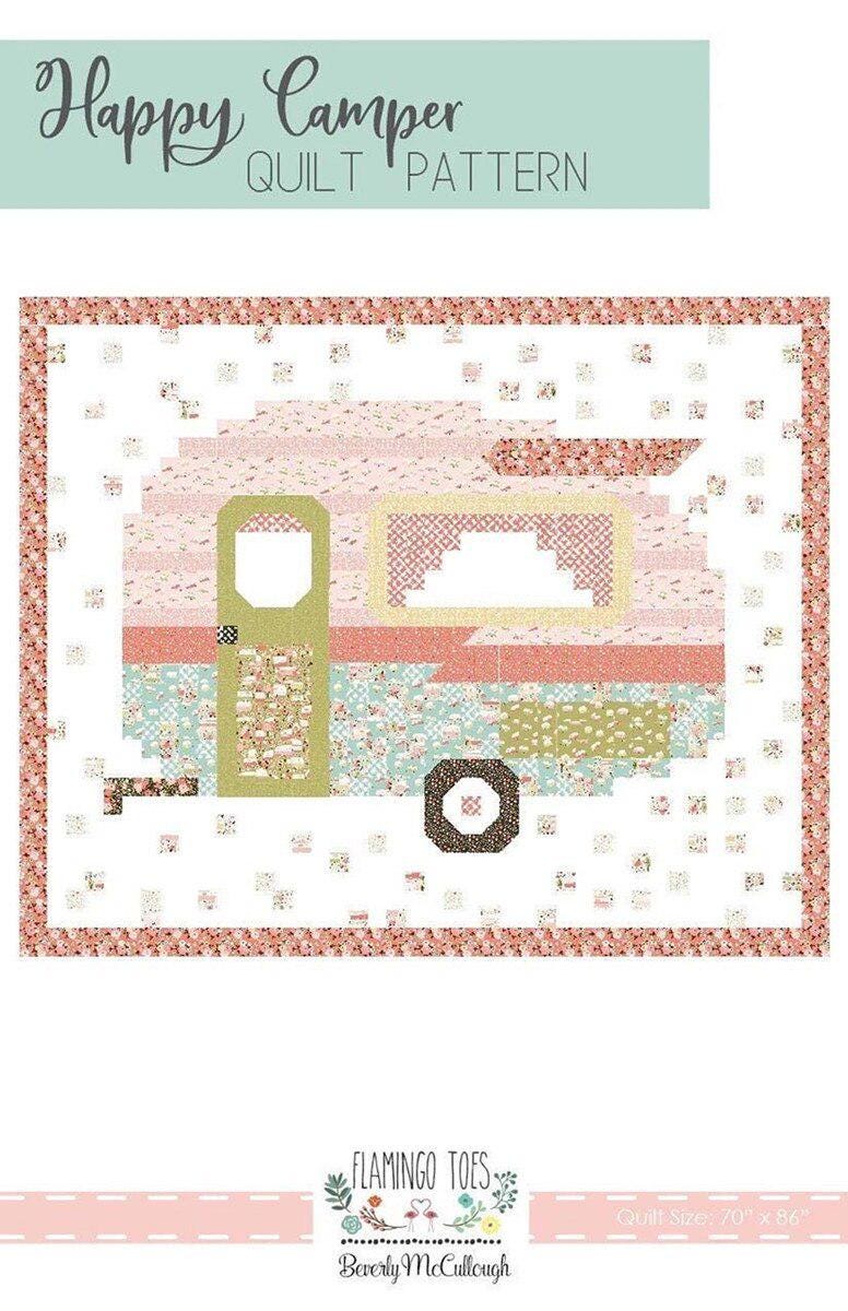 Happy Camper pattern by Beverly McCullough of Flamingo Toes .  Directions for 70 x 86 inch quilt featuring charming vintage campers.
