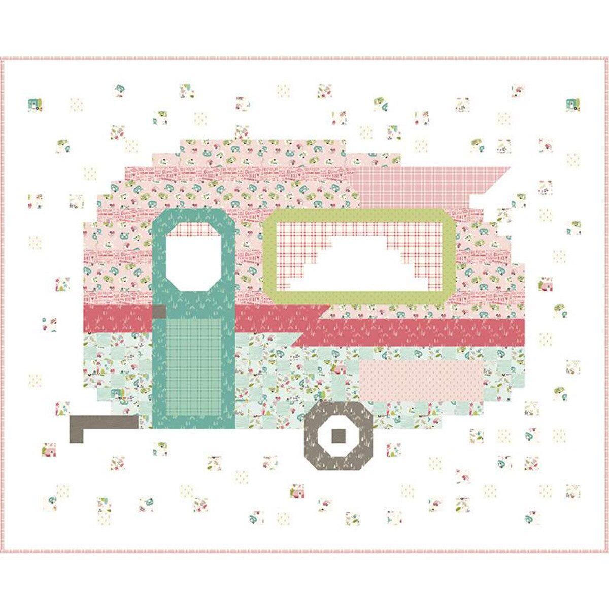 Happy Camper pattern by Beverly McCullough of Flamingo Toes .  Directions for 70 x 86 inch quilt featuring charming vintage campers.