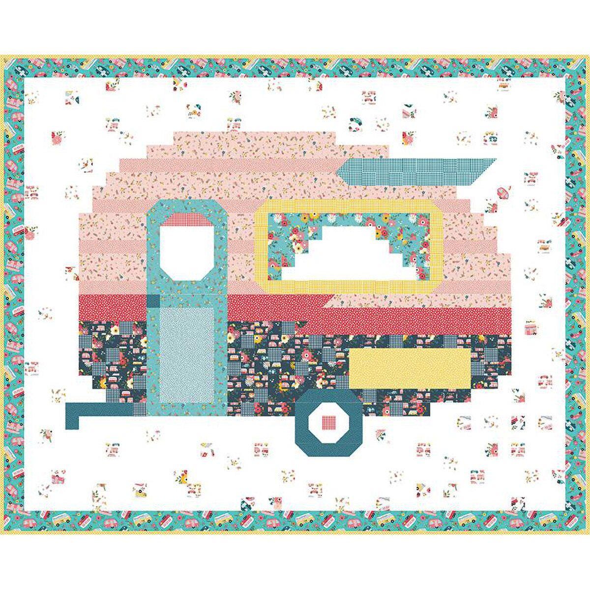 Happy Camper pattern by Beverly McCullough of Flamingo Toes .  Directions for 70 x 86 inch quilt featuring charming vintage campers.