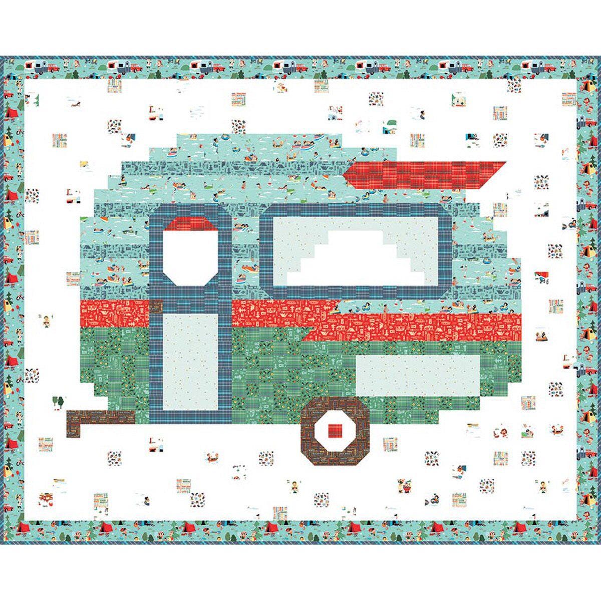 Happy Camper pattern by Beverly McCullough of Flamingo Toes .  Directions for 70 x 86 inch quilt featuring charming vintage campers.