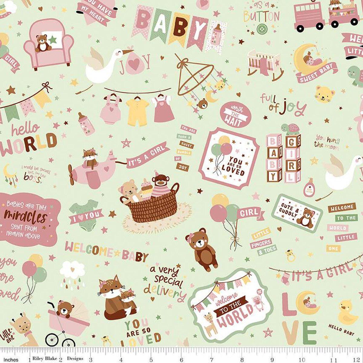 Baby Girl Main Print in Mint by Lori Whitlock for Riley Blake Designs. Continuous Cuts of Quilter's Cotton fabric.