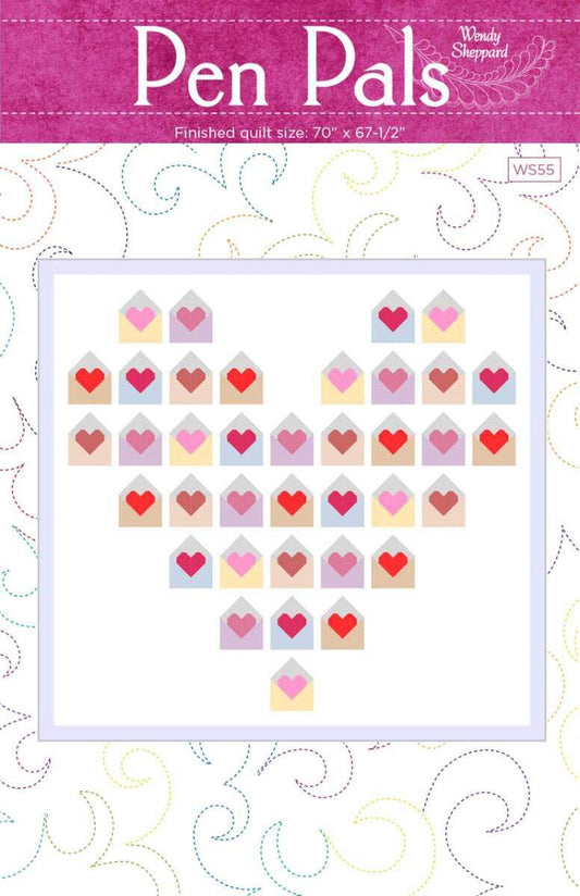 Pen Pals Quilt Pattern by Wendy Sheppard for 70" x 66 1/2" heart envelope Valentin's Day quilt.