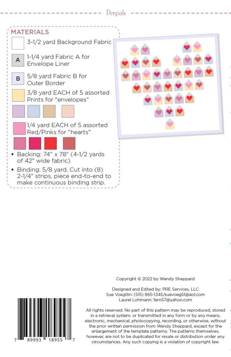 Pen Pals Quilt Pattern by Wendy Sheppard for 70" x 66 1/2" heart envelope Valentin's Day quilt.