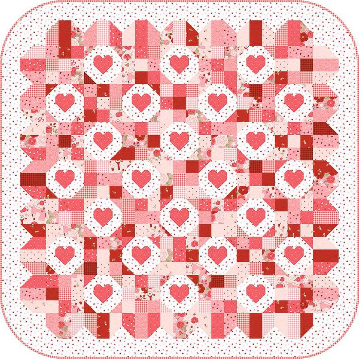 Sew Smitten Quilt Pattern by My Sew Quilty Life for 56 1/2" x 56 1/2" hearts Valentin's Day quilt.