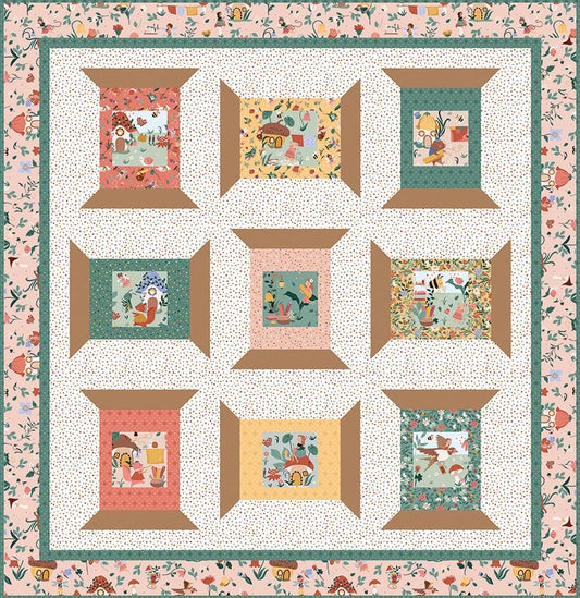 Spoolful of Charm Quilt by Jennifer Long of Sew A Story, uses Thimbelina Storybook Panel or layer cake. Finished size is 57 1/2" x 59 1/2"