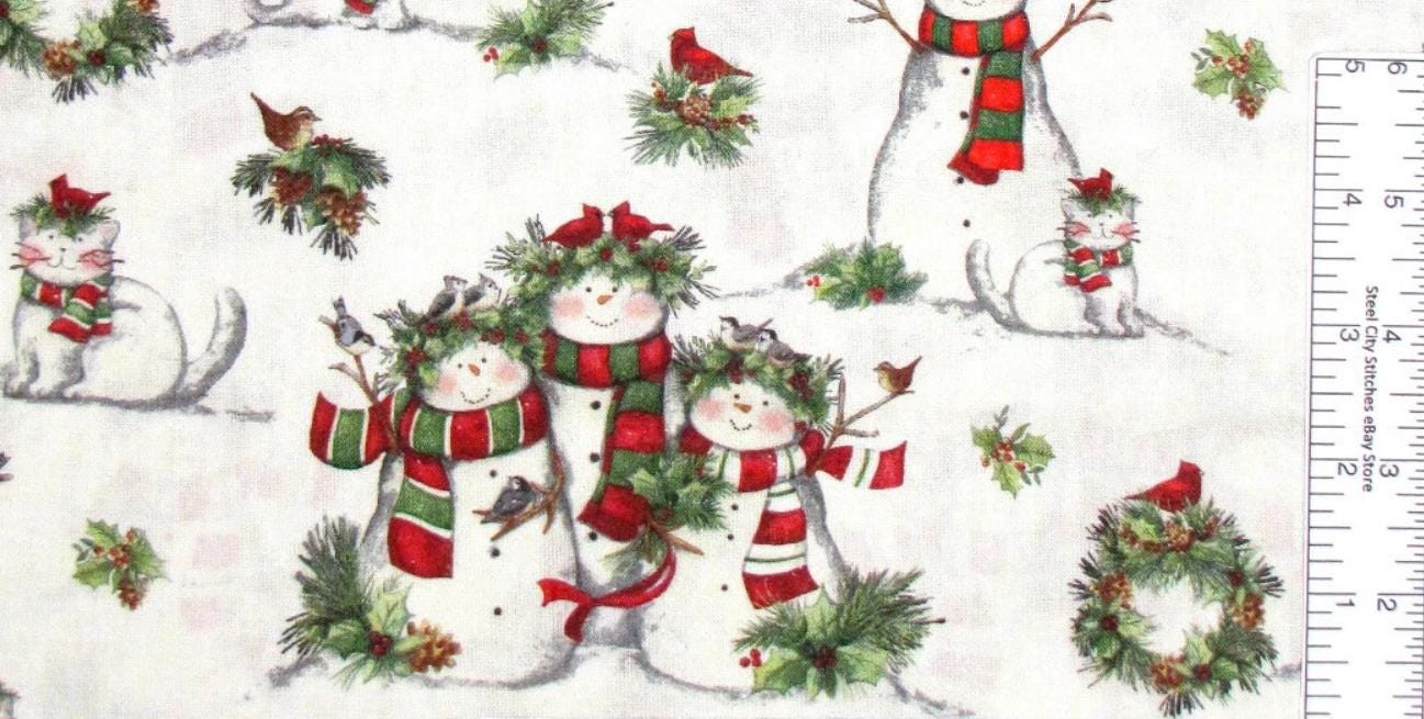Christmas Snow Family with Dog & Cat print by Susan Winget for Springs Creative continuous cuts of Quilter's Cotton Fabric