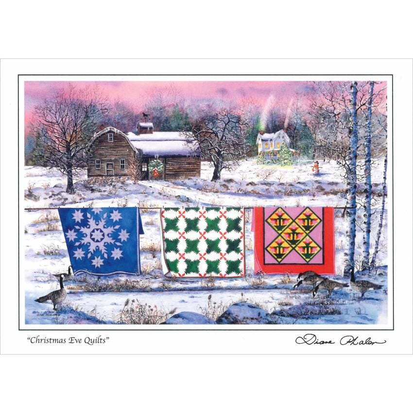 Christmas Quilt Themed 6 Note Card Set of Snowy Winter Quilts 3 different prints by Diane Phalen Watercolors