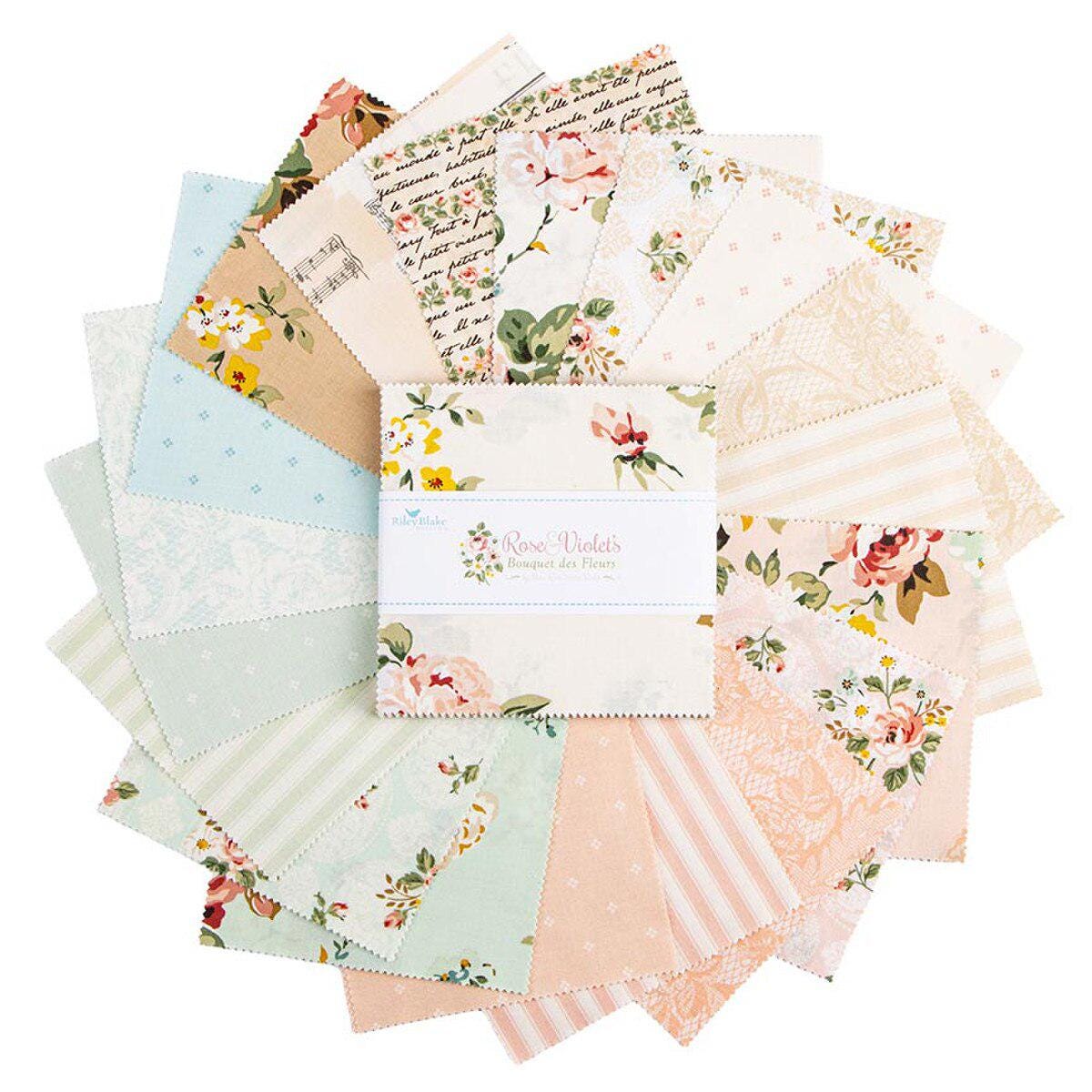 Rose & Violet's Bouquet des Fleurs by Miss Rose and Sister Violet for Riley Blake Designs. Quilter's Cotton Charm Pack of 42 5 inch squares