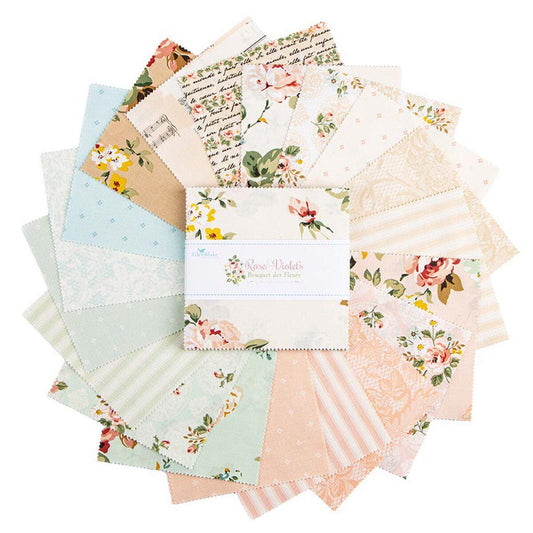 Rose & Violet's Bouquet des Fleurs by Miss Rose and Sister Violet for Riley Blake Designs. Quilter's Cotton Charm Pack of 42 5 inch squares