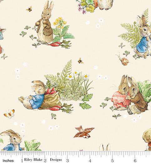 Peter Rabbit & Benjamin Bunny Main in Cream for Riley Blake Designs. Continuous Cuts of Quilter's Cotton fabric.