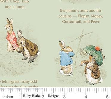Peter Rabbit & Benjamin Bunny Story Time in Green for Riley Blake Designs. Continuous Cuts of Quilter's Cotton fabric.