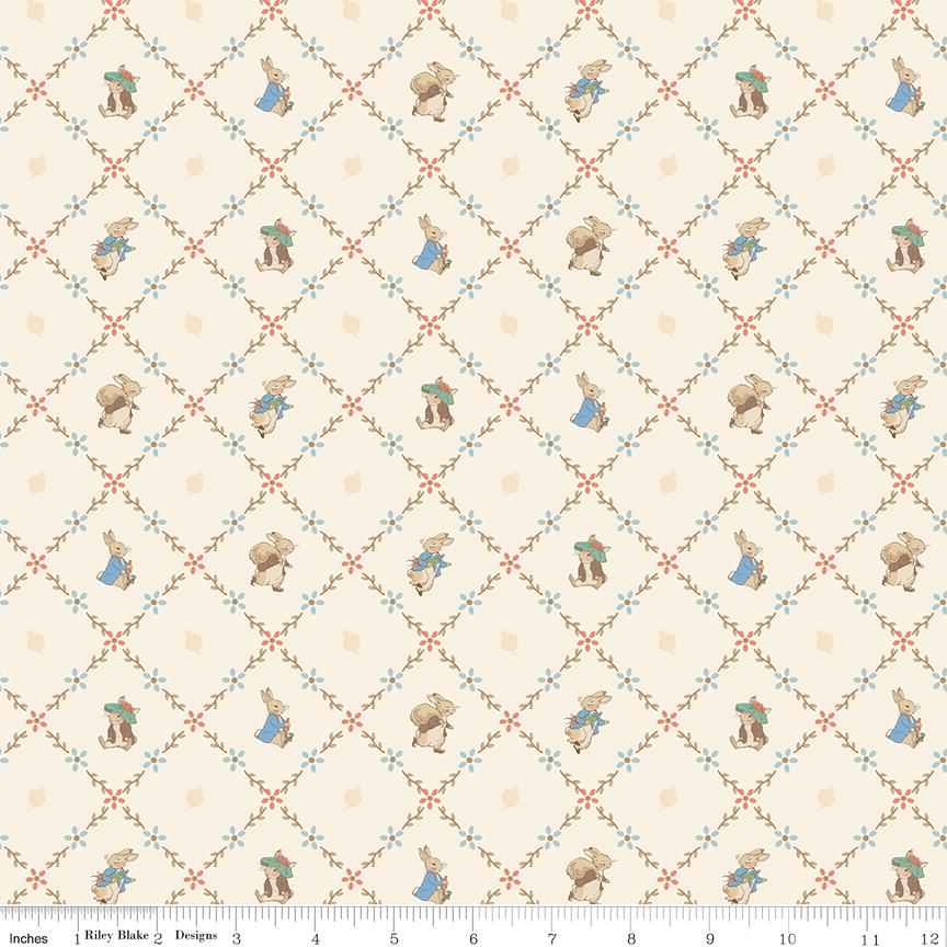Peter Rabbit & Benjamin Bunny Lattice in Cream for Riley Blake Designs. Continuous Cuts of Quilter's Cotton fabric.