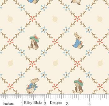 Peter Rabbit & Benjamin Bunny Lattice in Cream for Riley Blake Designs. Continuous Cuts of Quilter's Cotton fabric.