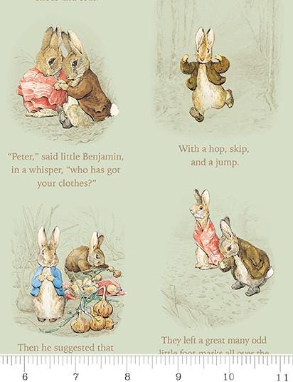 Peter Rabbit & Benjamin Bunny Story Time in Green for Riley Blake Designs. Continuous Cuts of Quilter's Cotton fabric.