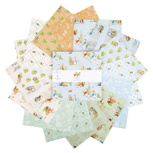 Peter Rabbit & Benjamin Bunny from Riley Blake Designs Layer Cake 42 piece collection of 10 inch squares.  10 inch stacker