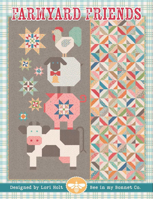 Farmyard Friends pattern by Lori Holt of It's Sew Emma.  Directions for 68.5" x 81.5" quilt featuring a stack of pieced farm animals.