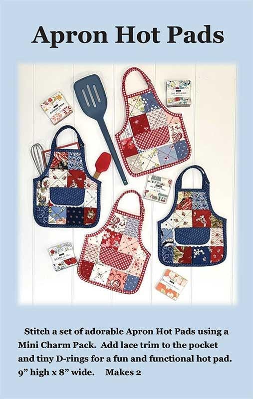 Apron Hot Pad pattern by Joyce Minnis of J Minnis Designs for Moda.  Mini Charm Pack Friendly. 9 inch by 8 inch hot pad.