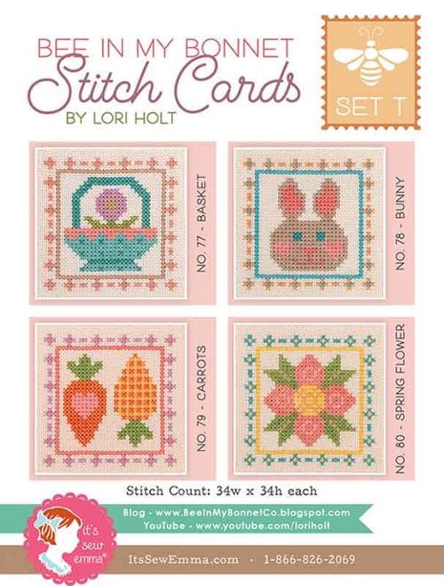 Bee in My Bonnet Stitch Cards Set T by Lori Holt of It's Sew Emma Patterns for an Easter Basket, Bunny, Carrots & Flower in cross stitch.