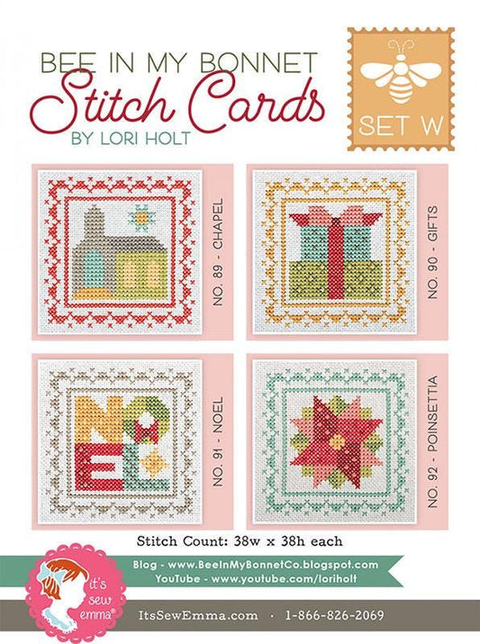 Bee in My Bonnet Stitch Cards Set W by Lori Holt of It's Sew Emma. Patterns for a Chapel, Gifts, Noel, and Poinsettia in cross stitch.