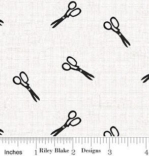 Scissors in White from Blue Blooms & Threads by Christopher Thompson for Riley Blake Designs. Continuous Cuts of Quilter's Cotton
