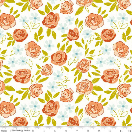 Homage Main Print in White by Fran Gulick of Cotton & Joy for Riley Blake Designs. Continuous Cuts of Quilter's Cotton