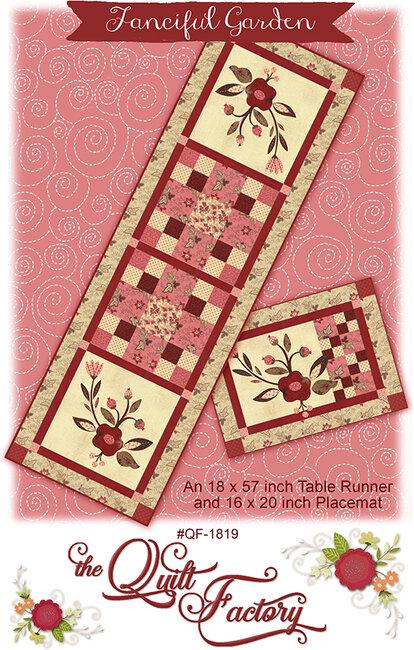 Fanciful Garden pattern by the Quilt Factory for Moda. 18 inch by 57 inch quilted table runner and 16 x 20 inch placemat patterns