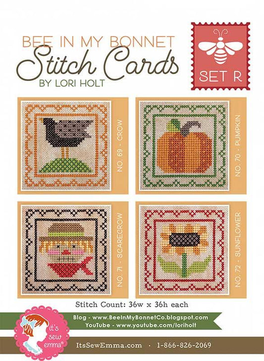 Bee in My Bonnet Stitch Cards Set R by Lori Holt of It's Sew Emma.  Pattern for a Crow, Pumpkin, Scarecrow and Sunflower in cross stitch.