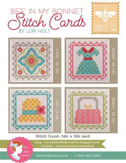 Bee in My Bonnet Stitch Cards Set Q by Lori Holt of It's Sew Emma Patterns for a Sunday Dress, Hat, Purse, and Doily in cross stitch.