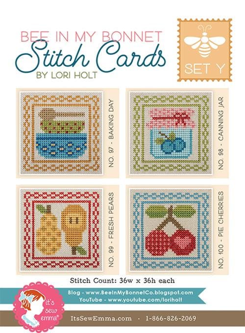 Bee in My Bonnet Stitch Cards Set Y by Lori Holt of It's Sew Emma. Patterns for mixing bowls, mason jar, pears and cherries in cross stitch.