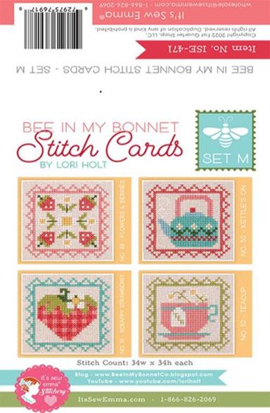 Bee in My Bonnet Stitch Card Set M by Lori Holt of It's Sew Emma Patterns for Teacup, Kettle, Strawberry, flowers & berries in cross stitch.