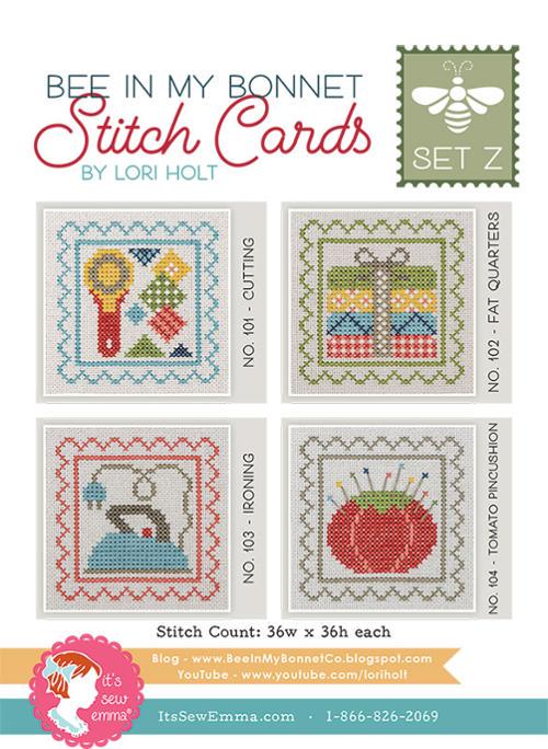 Bee in My Bonnet Stitch Cards Set Z by Lori Holt of It's Sew Emma Cross Stitch Pattern for Rotary Cutter, Fat Quarters, Iron, & Pincushion