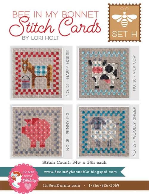 Bee in My Bonnet Stitch Cards Set H by Lori Holt of It's Sew Emma.  Pattern for a Sheep, Horse, Cow, & Pig in cross stitch.