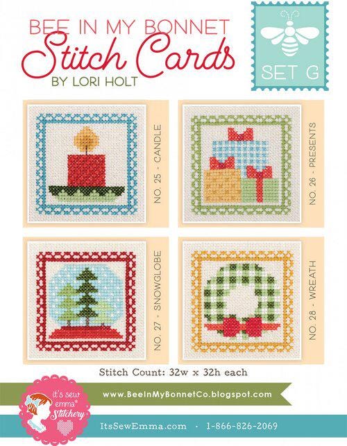 Bee in My Bonnet Stitch Cards Set G by Lori Holt of It's Sew Emma. Patterns for a Candle, Presents, Snowglobe, & Wreath in cross stitch.