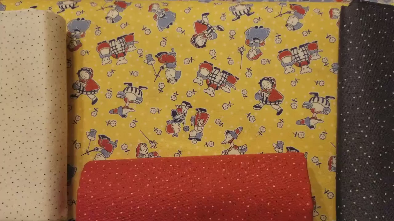 Story Time Mother Goose in Yellow by Maywood Studio.  Quilter's Cotton Fabric with vintage style for sewing.  Continuous Cuts.